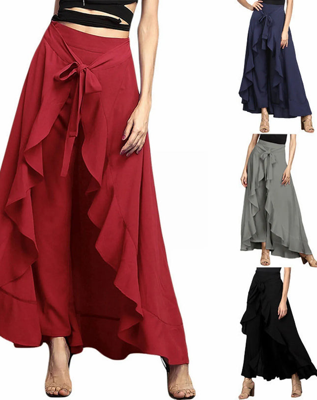 Women'S High Waist Chiffon Pants Wide Leg Pants Ruffle Trim Ice Silk Ankle-Length Long Trousers Summer Breeches Pantalones 바지