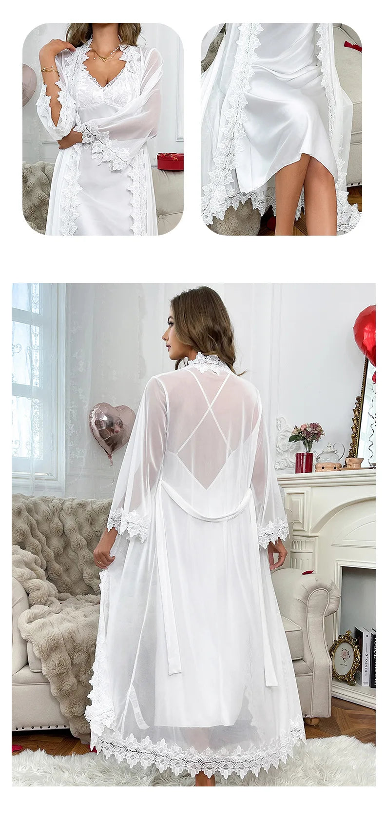 Sexy Sheer Mesh Robe Bride Wedding Robe Suit 2Pcs Lace Patchwork Night Dress Long Chemise Sleepwear Satin Lingerie Pajamas