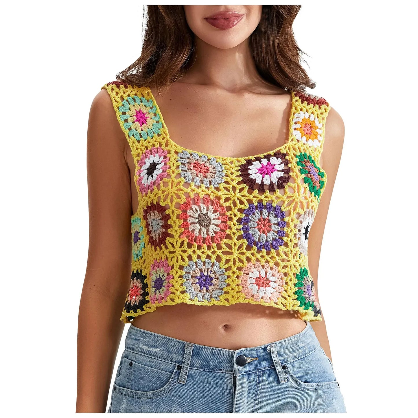 Womens Crochet Tank Top With Tassels Cover Ups Knit Colorful Floral Embroidery Summer Backless Camisole Fashion Casual Bohemian