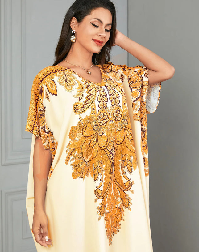 Moroccan-Print Loose-Fit Maxi Kaftan Dress – Short-Sleeve Muslim Abaya & Turkey Caftan