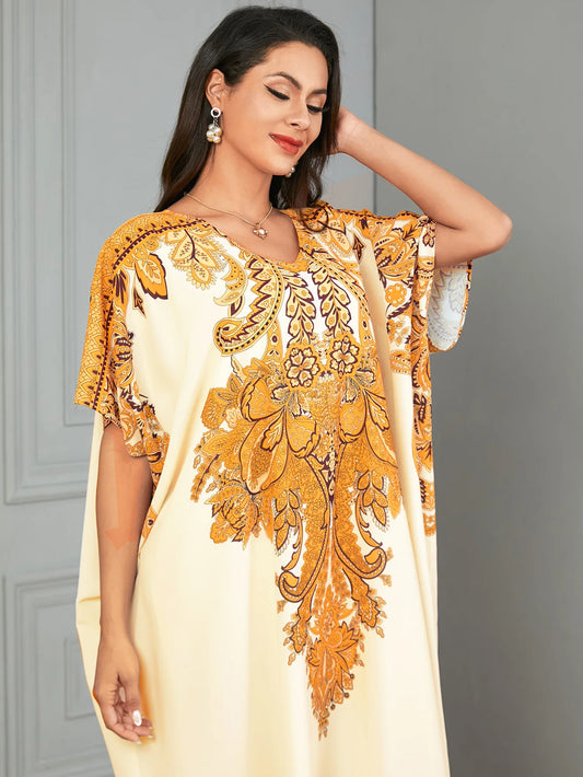 Moroccan-Print Loose-Fit Maxi Kaftan Dress – Short-Sleeve Muslim Abaya & Turkey Caftan