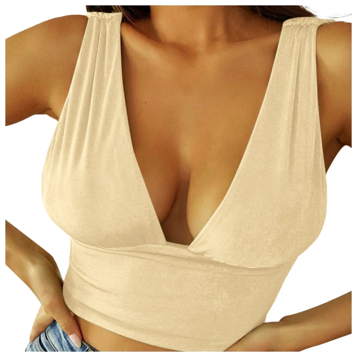 Sexy Deep V Crop Top Solid Color Sleeveless Shirt Tops Summer Casual Tank Tops Sexy Bra Vest Camisole Tee Women's Shirts Tops