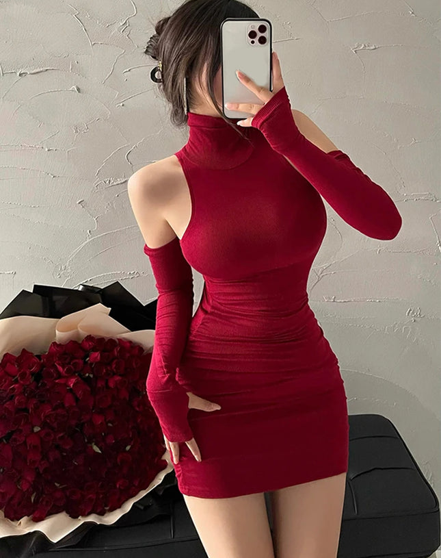 2025 New Women's Mini Dress Sleeveless Pleated Skinny Dress High Neck Lace Up Autumn Black Tight Elastic Party Tank Dresses