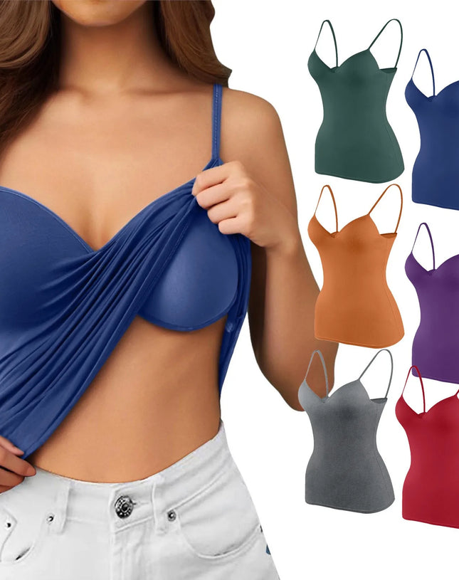 Plus Size Lace Camisole Top with Built-In Bra – Casual Solid Color Spaghetti Strap V-Neck Tank for Women