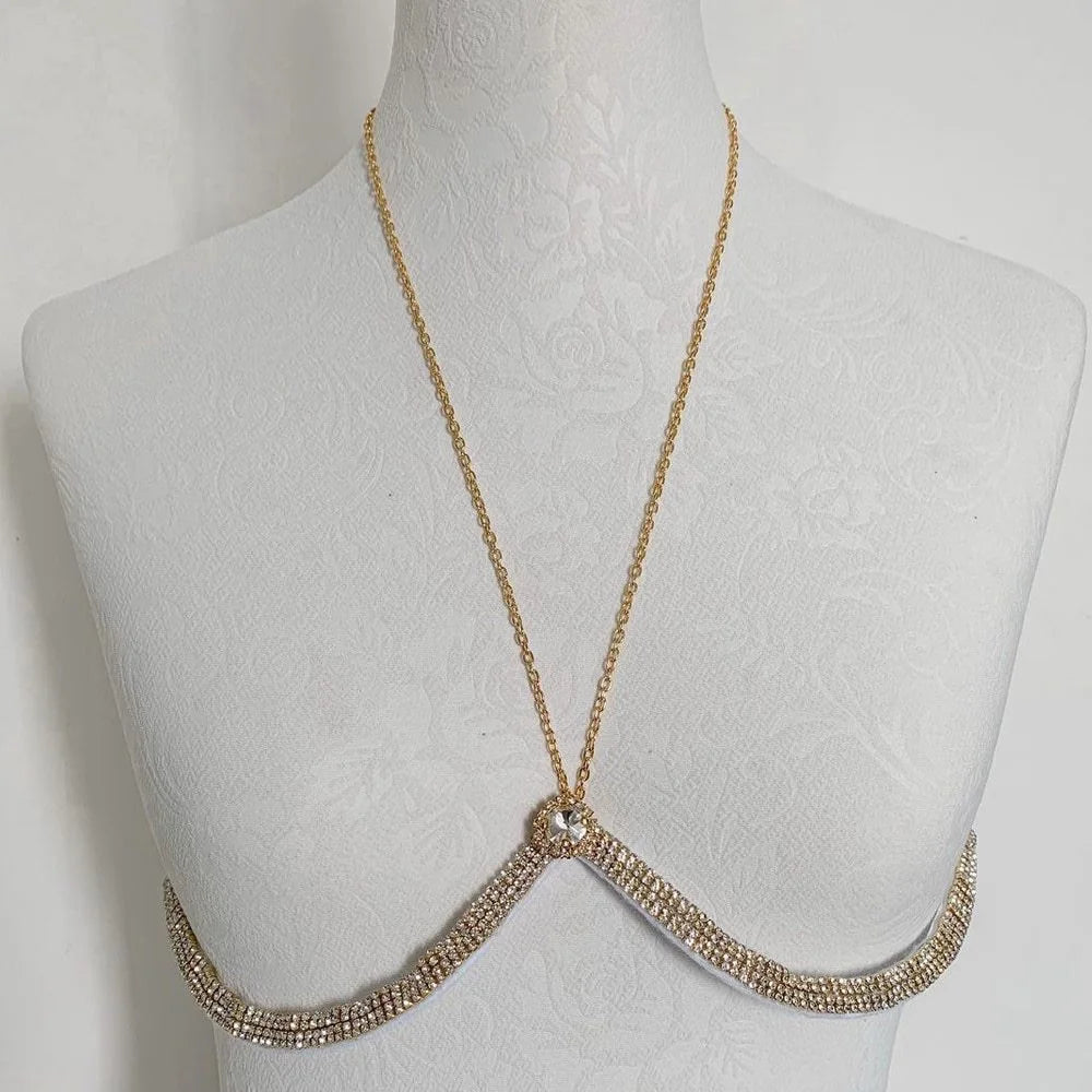 Stonefans Sexy Hanging Bra Chain Rhinestone Body Jewelry for Women Halter Breast Support Bra Jewelry Harness Top Bikini Gift
