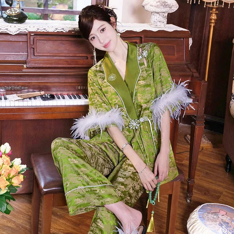 Women’s Vintage Embroidered Ice-Silk Cardigan & Nightshirt Two-Piece Set – Green Feathers Luxury Homewear