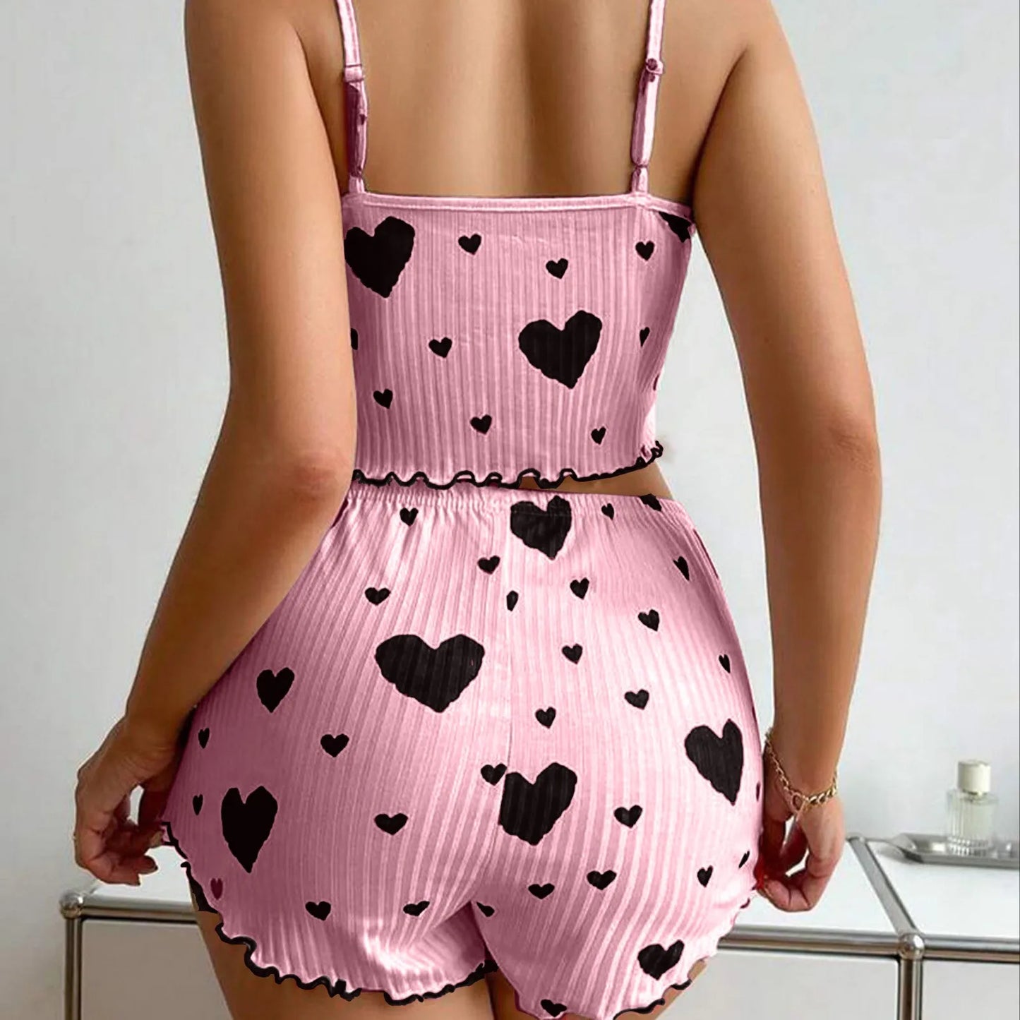 Heart Print Women's Pajamas Set Sleepwear 2 PCS Short Tank Tops and Shorts Sets Ventilate Soft Casual Love Sleeveless Home Suit