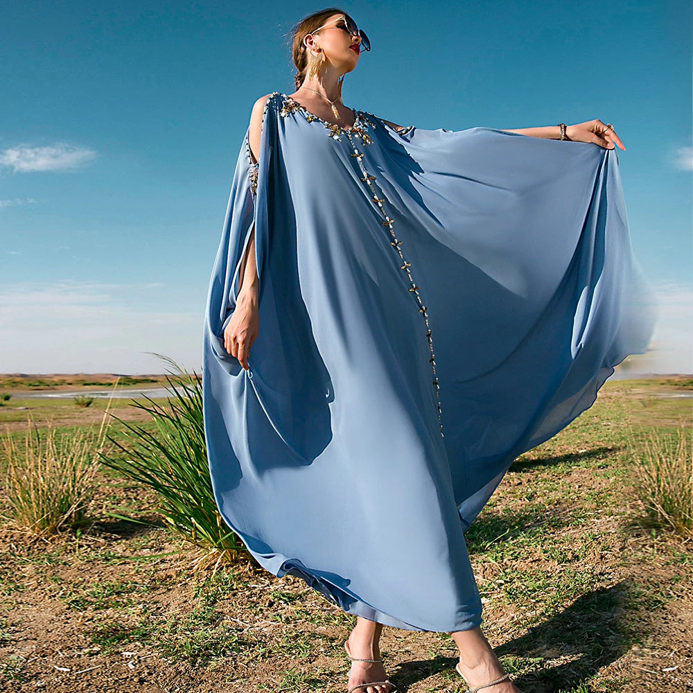 Diamond-Embellished Cold-Shoulder V-Neck Summer Kaftan Abaya – Luxury Evening Party & Eid Gown