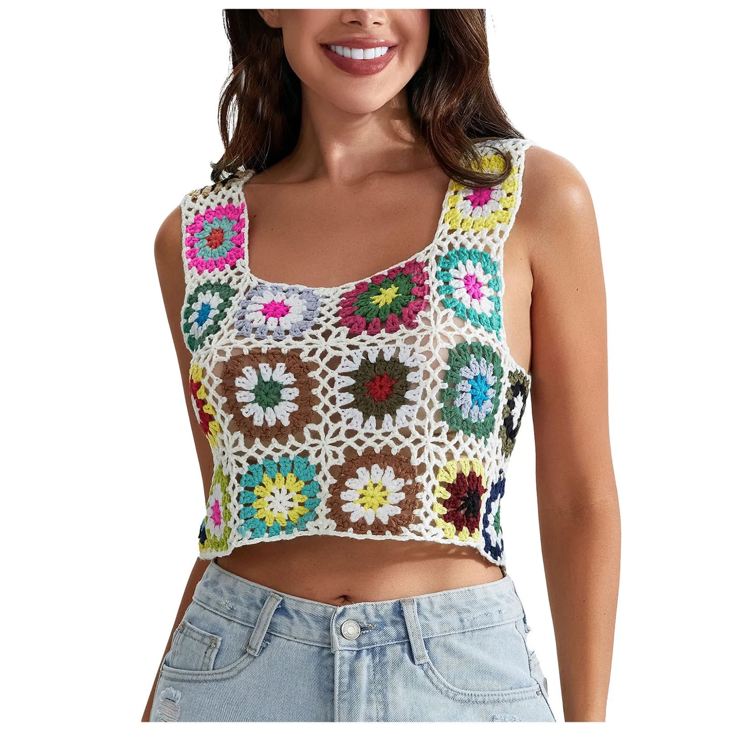 Womens Crochet Tank Top With Tassels Cover Ups Knit Colorful Floral Embroidery Summer Backless Camisole Fashion Casual Bohemian