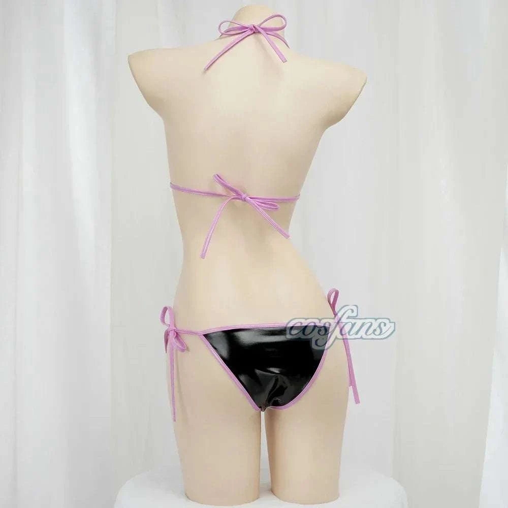 Women Three Point Underwear Set Cosplay Costume Barbie Cute Girl Pink Black Plaid Bikini Swimsuit