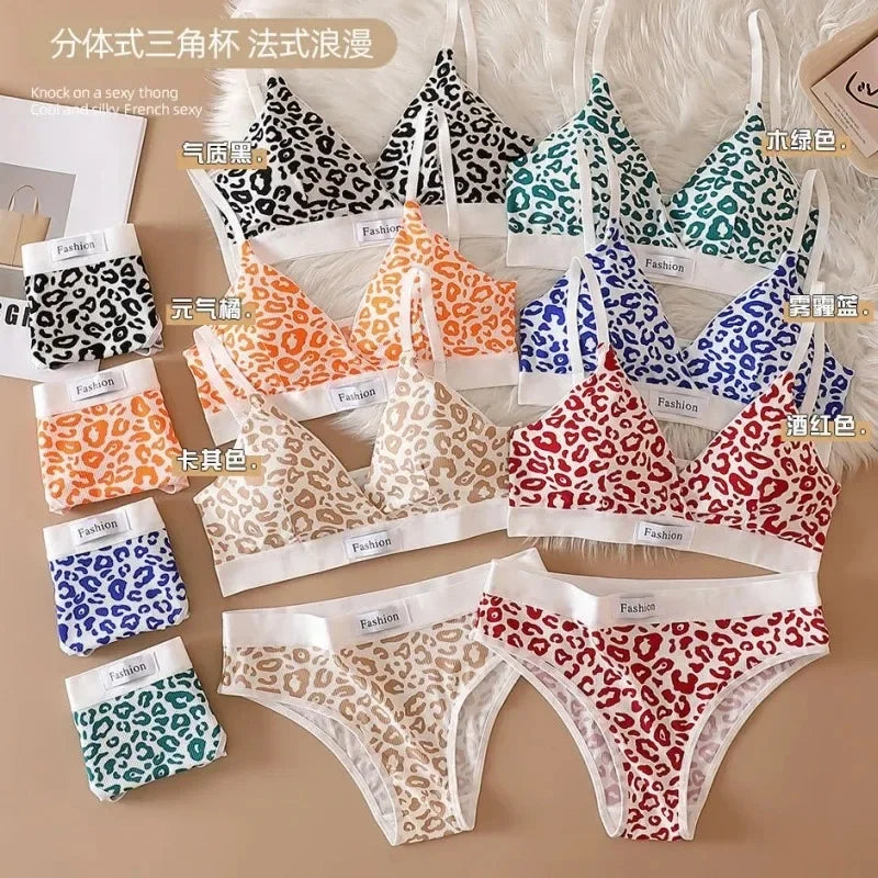 Leopard-Print Traceless Steel-Rim Bra & Underwear Set – Adjustable Strap-Back Support
