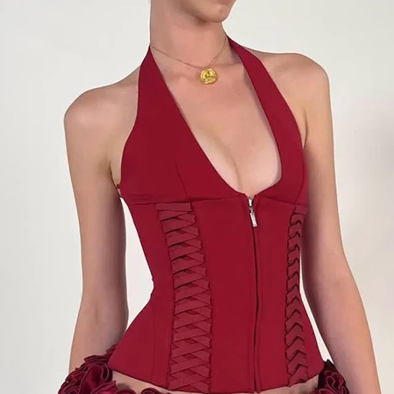 Fashion Cross Tie Zipper Slim Women's Vest Sexy Off Shoulder Backless Sleeveless Halter Top Casual Summer Street Camis