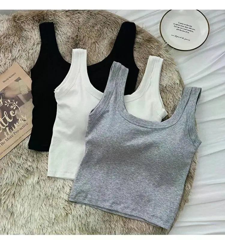 Women's Vest One-Piece No Steel Ring Cotton Chest Pad Wide Shoulder Sports Yoga Vest Underwear Black White Bra Tank Top Women