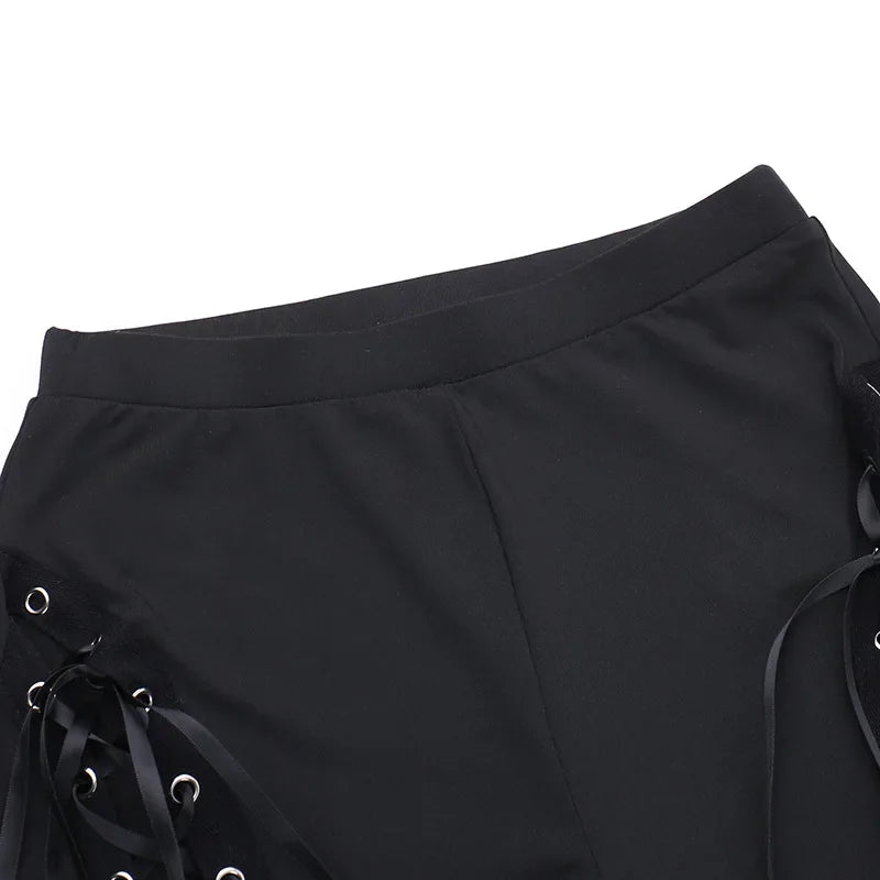 Grunge Streetwear Zwarte Bandage Broek Cyber Gothic Punk Hollow Out Flare Broek Vrouwen Emo Hoge Taille Sexy Alt Bottom