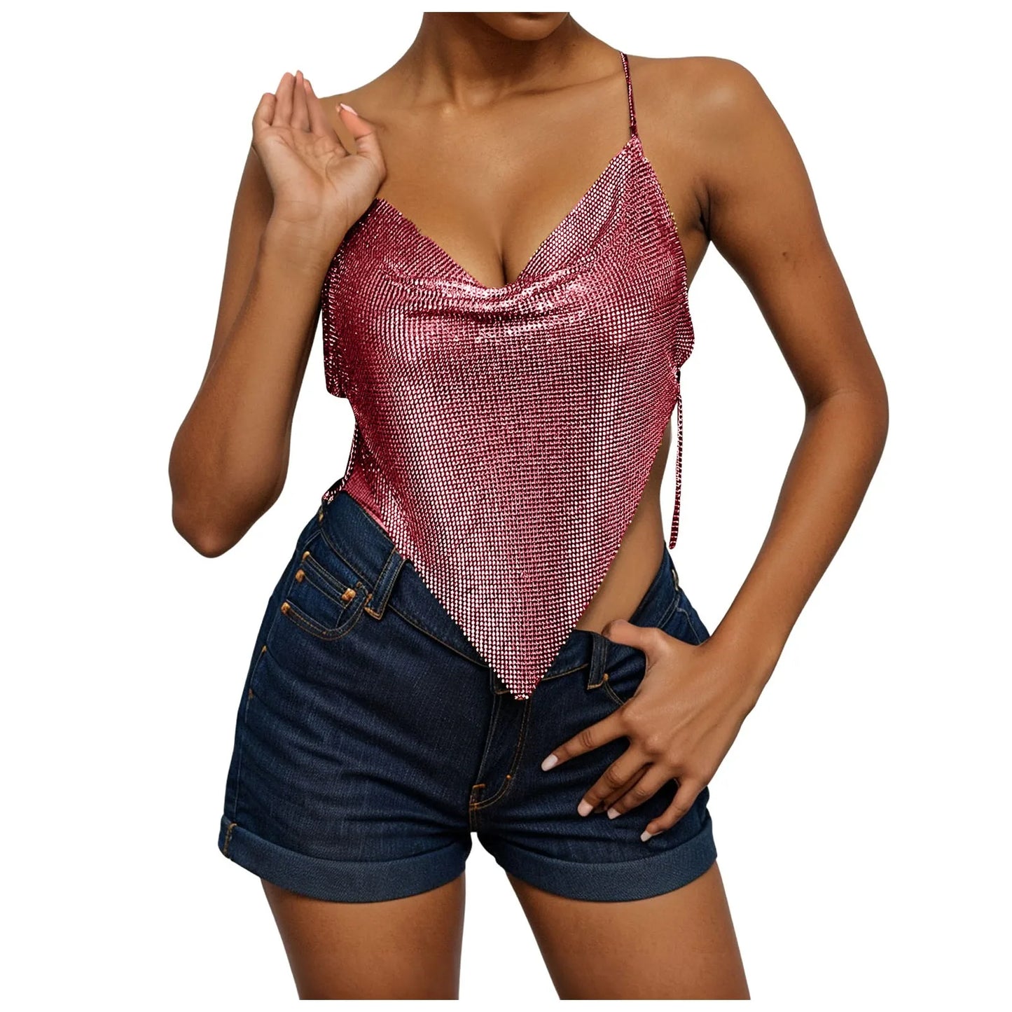 Women's Fashion Sequin Camisole Carnival Swing Neck Single Breasted Sexy Cropped Tops Hot Girls Hip Hop Backless Tank Tops