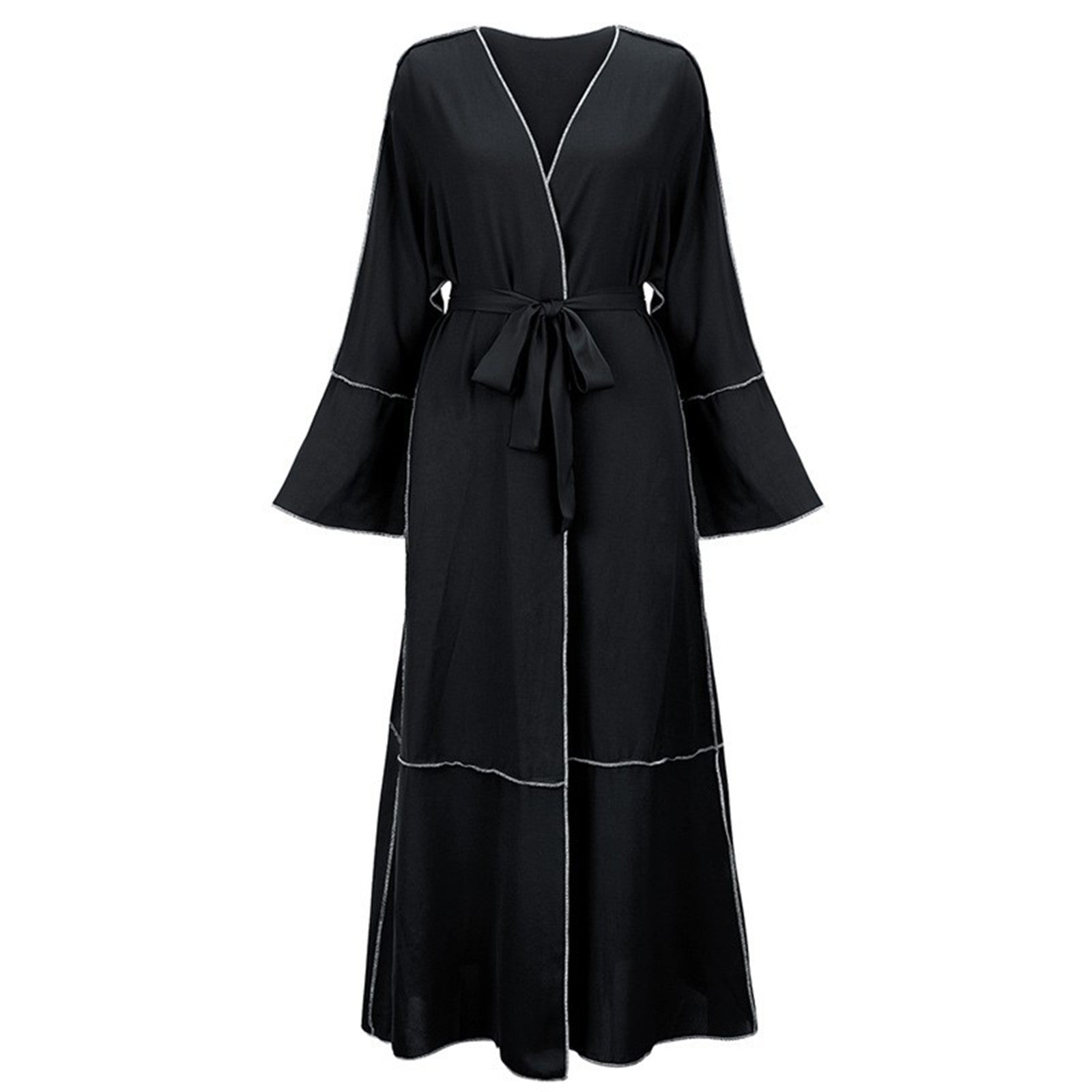 2024 Lace-Up V-Neck Flare-Sleeve Abaya – Long Muslim Hijab Dress