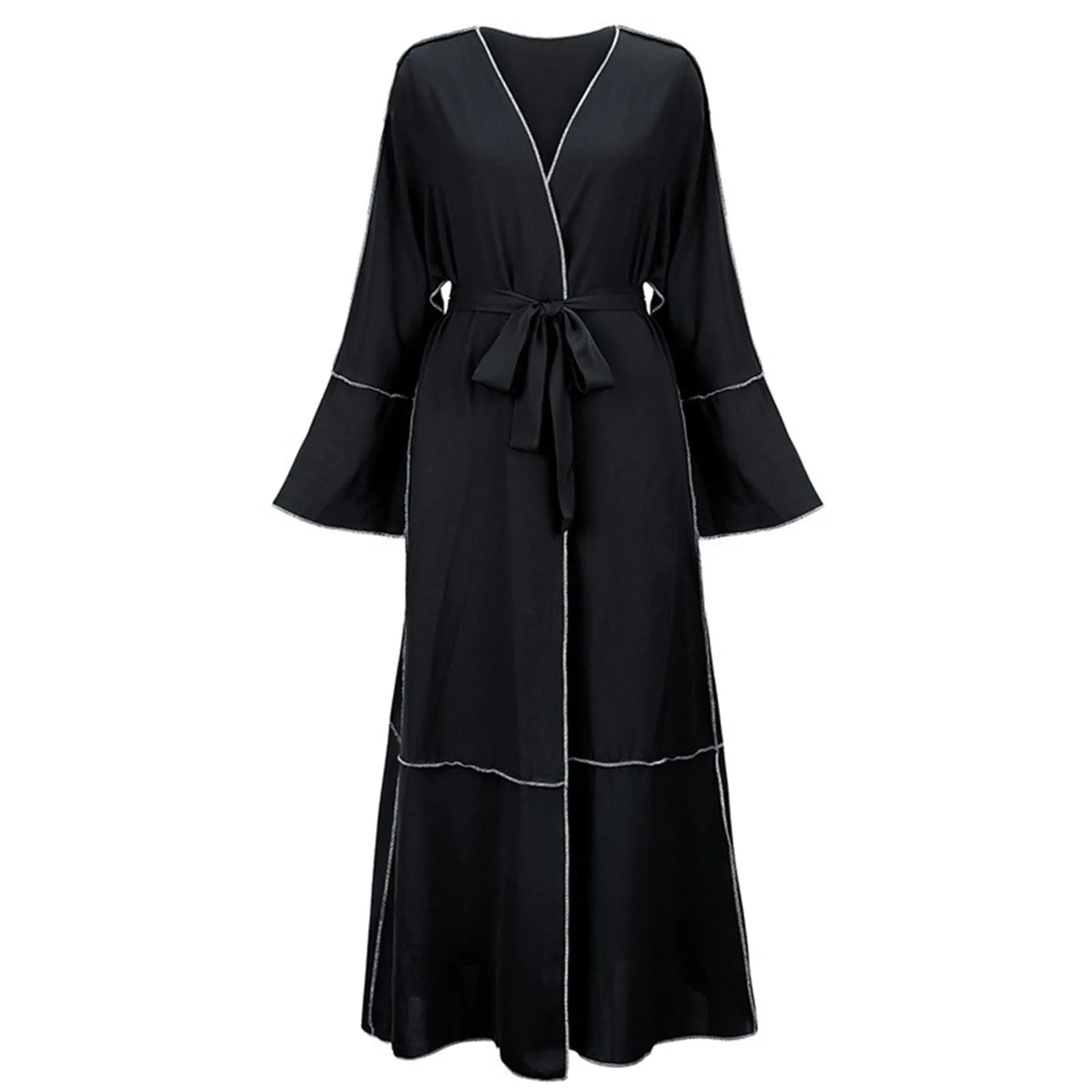 2024 Lace-Up V-Neck Flare-Sleeve Abaya – Long Muslim Hijab Dress