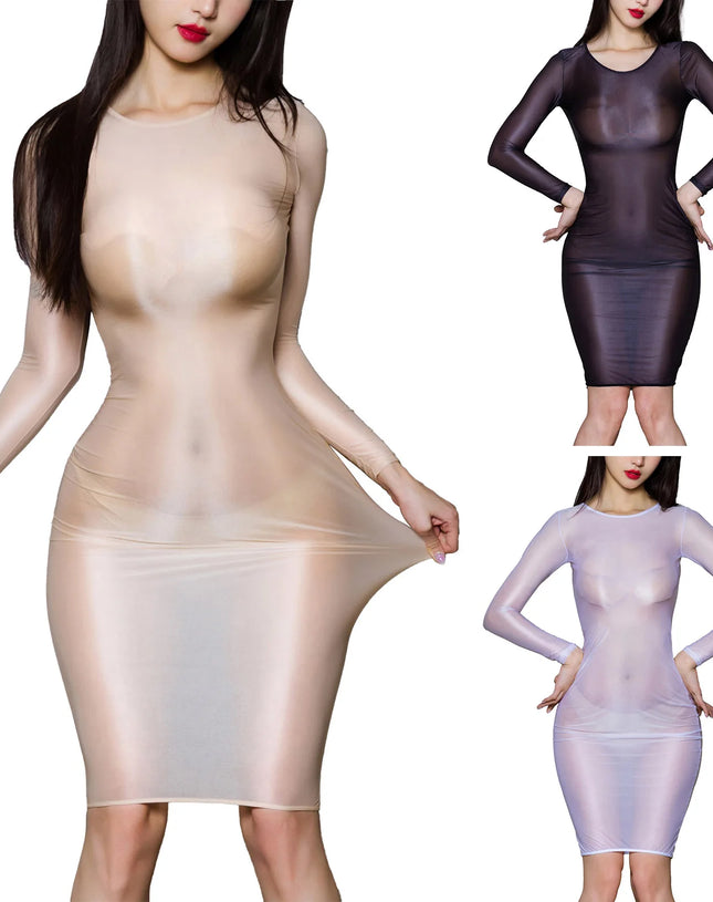 Women Sheer See-Through Bodycon Dress Glossy Long Sleeve High Stretch Skinny Mini Dress Tempting Lingerie Club Rave Party Wear