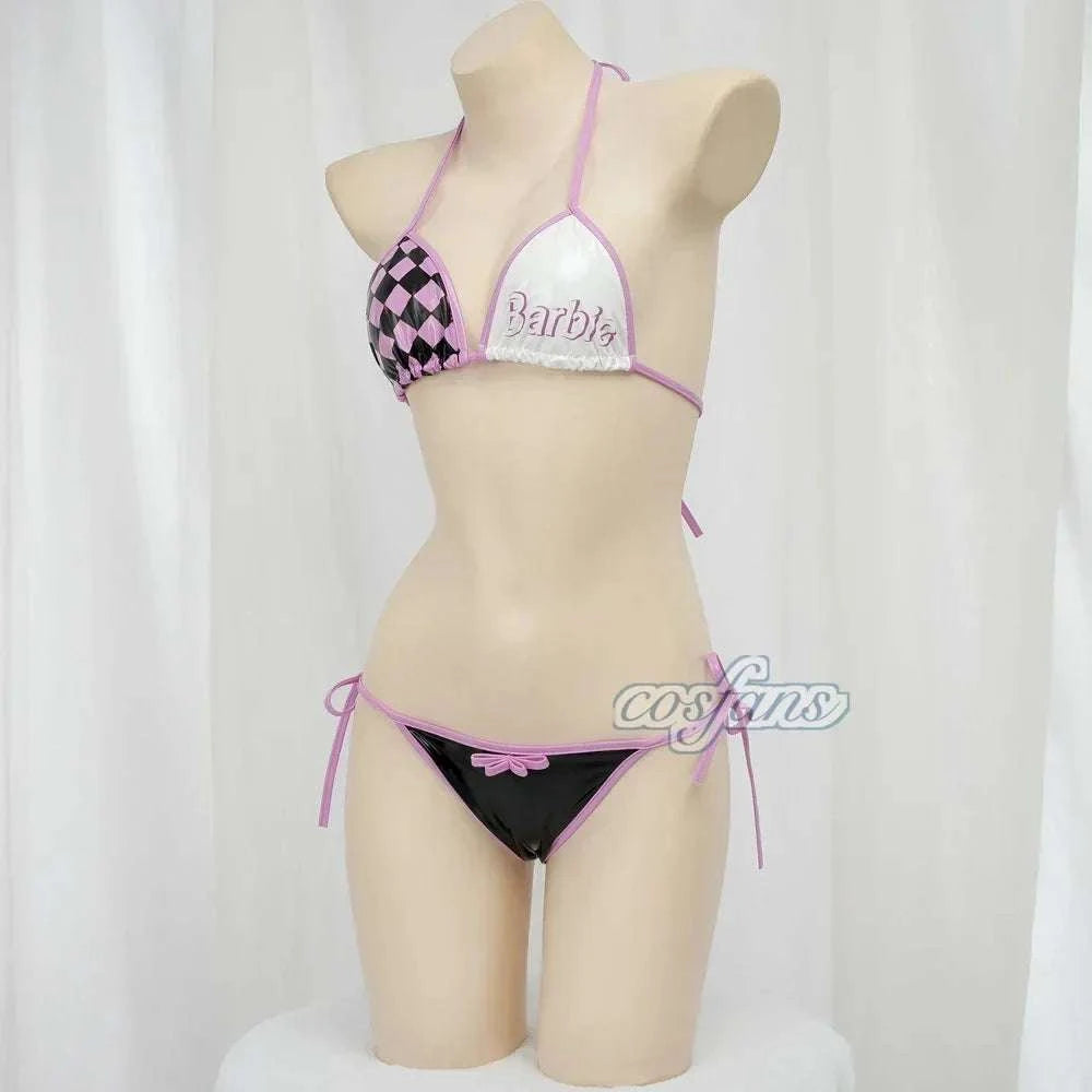 Women Three Point Underwear Set Cosplay Costume Barbie Cute Girl Pink Black Plaid Bikini Swimsuit