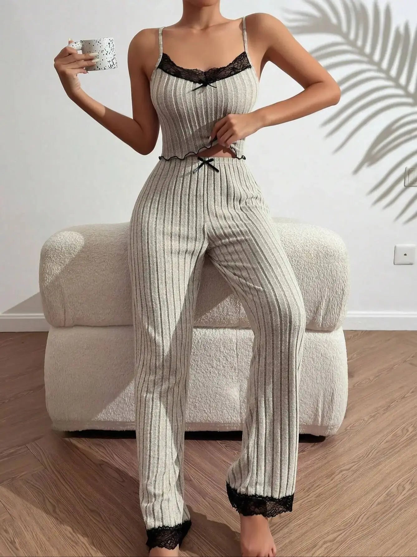 Home service gray love suspender vest pajamas Female can wear long pants two -piece suit