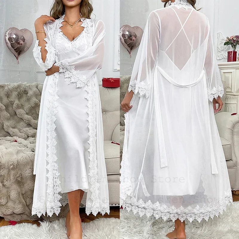 Sexy Sheer Mesh Robe Bride Wedding Robe Suit 2Pcs Lace Patchwork Night Dress Long Chemise Sleepwear Satin Lingerie Pajamas