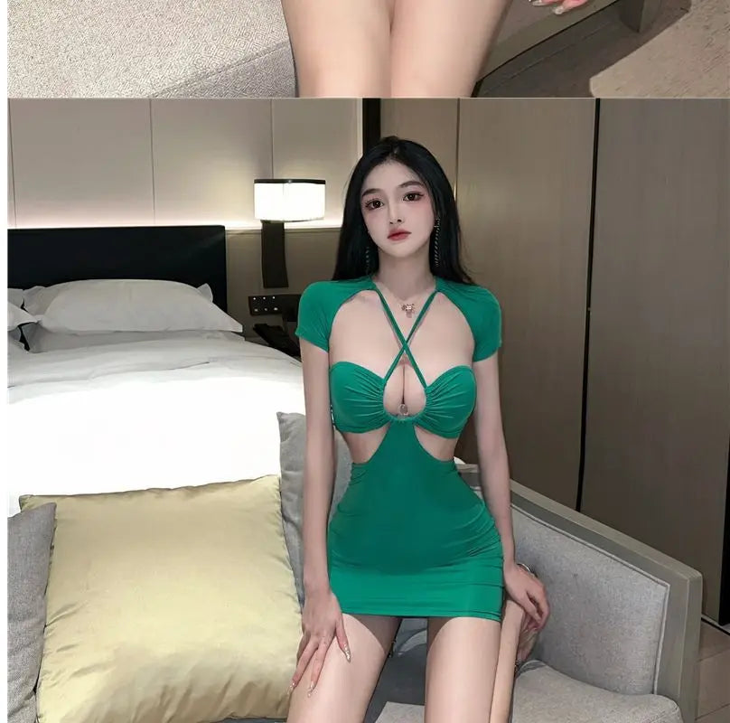 Sexy Spicy Girl Hollow Back Show Chest Hanging Neck Dress Summer Unique and Unique Tight Show Slim Wrap Hip Short Skirt