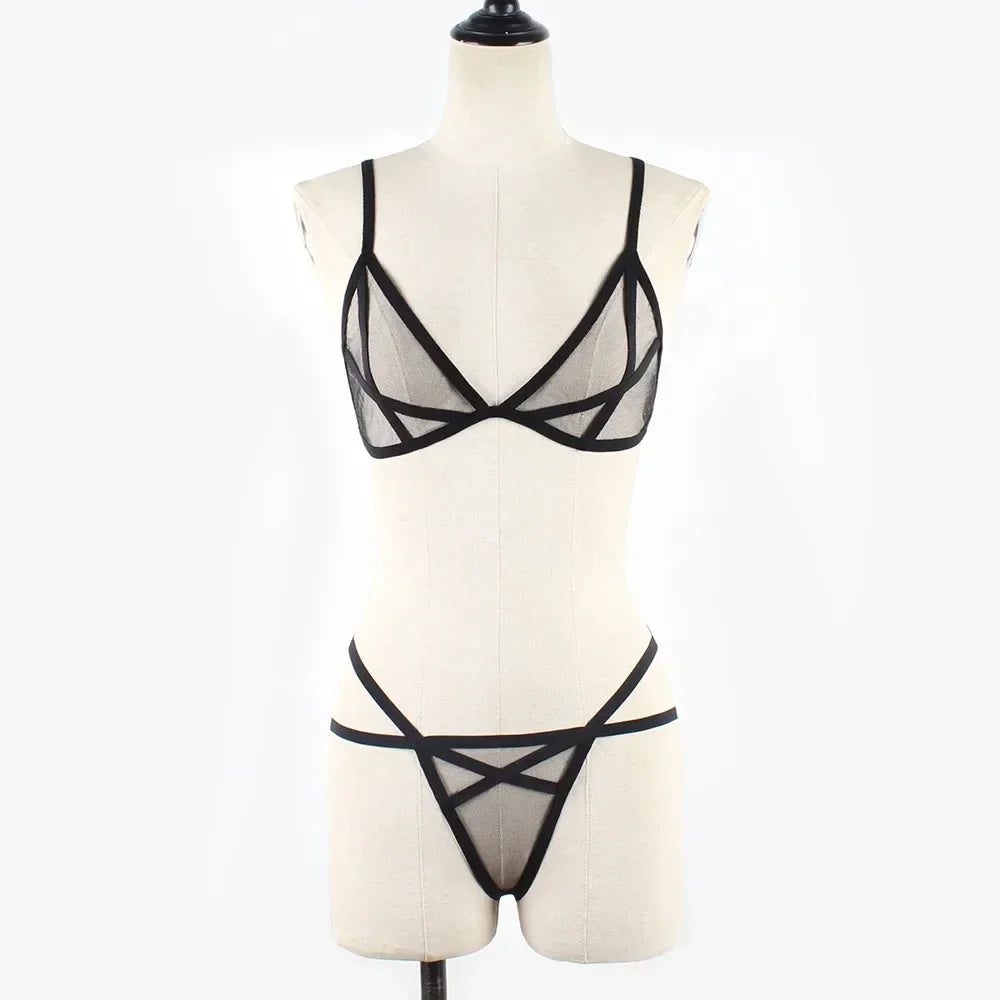 Women Sexy Mesh See Through Lingerie Set Wireless Sheer Bra Panty Suit Sexy Holiday Ultra-thin Summer Beach Bra Sets Nightwear