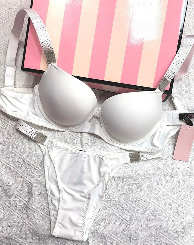 Rhinestone Sexy Women Bra Set Bralette Girls Underwear Brassiere Fashion Thong Gather Bras Lingerie Panty Sets