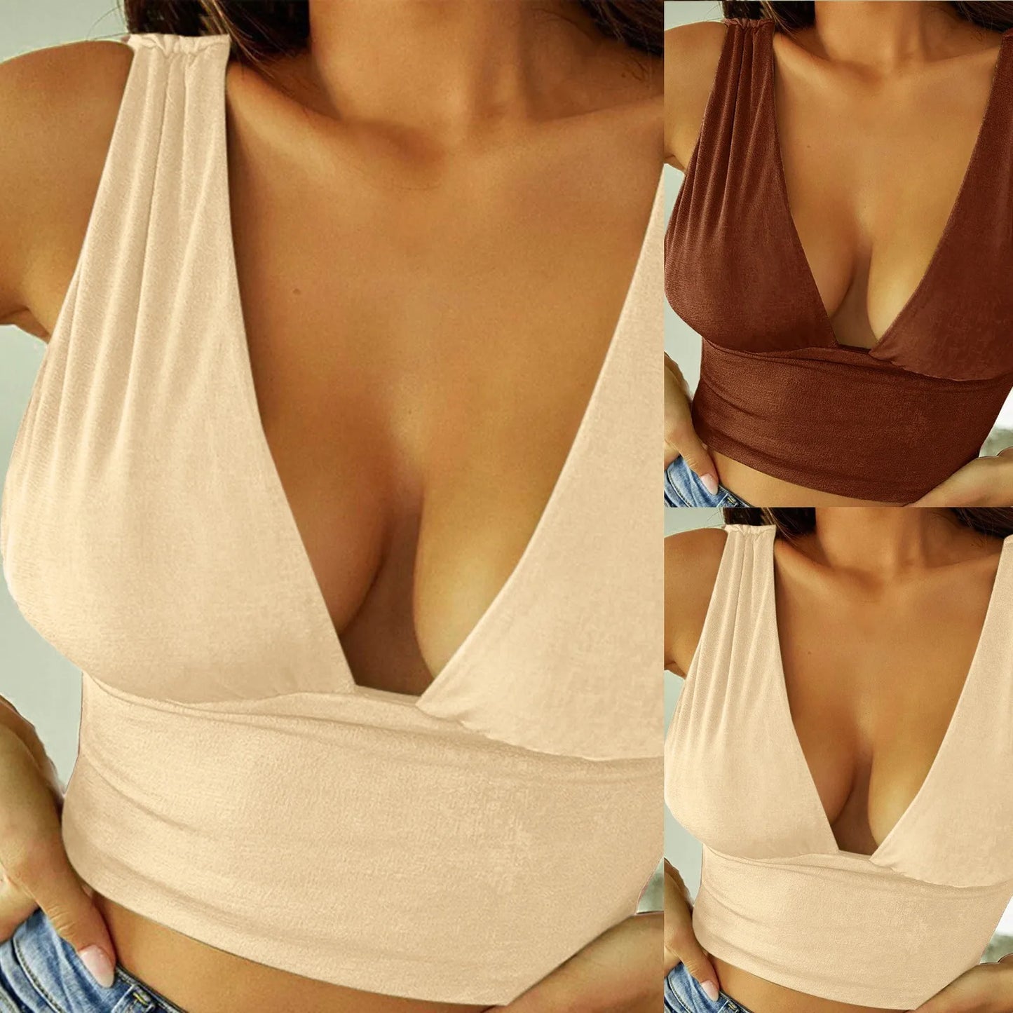 Sexy Deep V Crop Top Solid Color Sleeveless Shirt Tops Summer Casual Tank Tops Sexy Bra Vest Camisole Tee Women's Shirts Tops