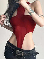 Solid Red Mesh Corset Bodysuit