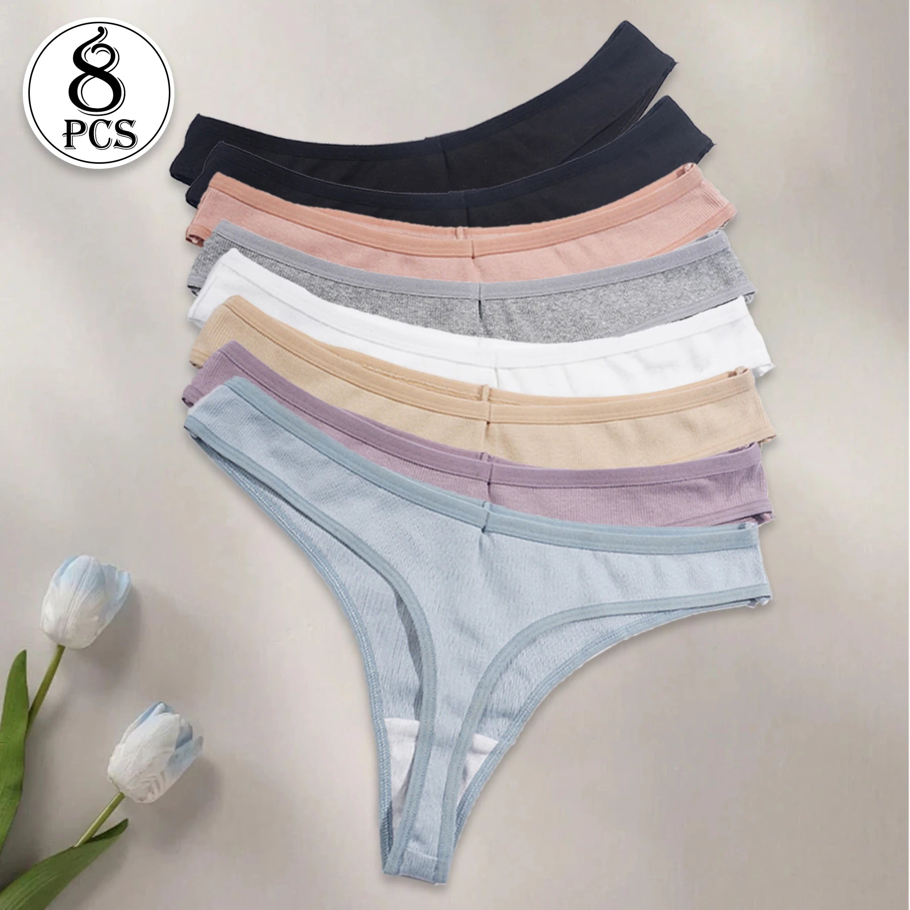 8PCS Women's Sexy Thongs Low Waist Seamless G-Strings Solid Color Comfortable Cotton Panties Female Breathable Underwear S-XXL