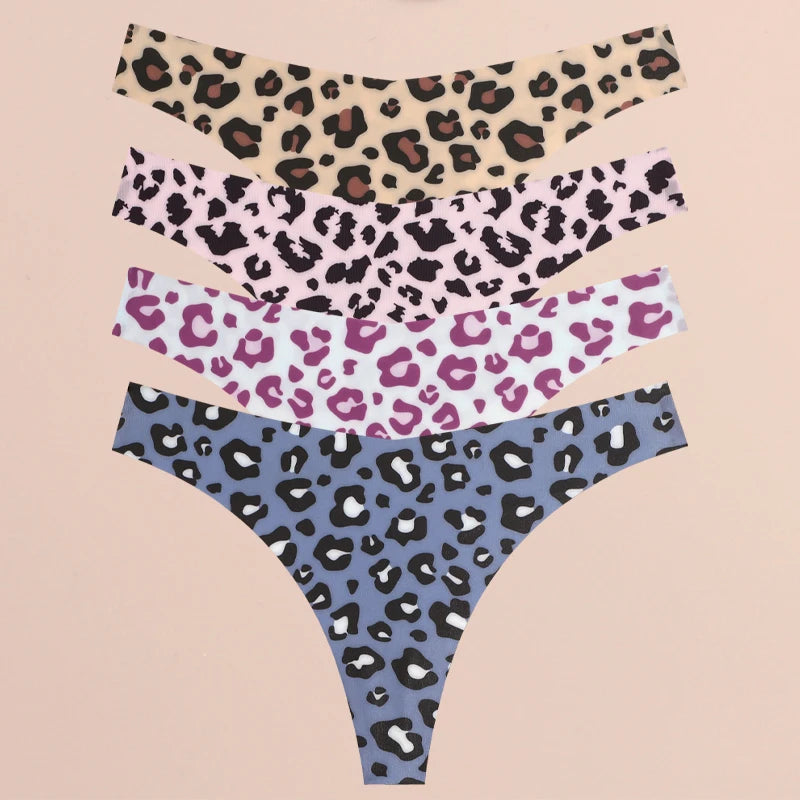FINETOO Ultra Soft Seamless Graphic Print Thong Set – 4-Pack Stretch Leopard G-Strings for Women