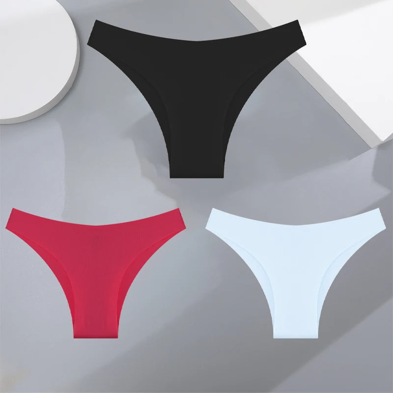 FINETOO 3Pcs Ultra-thin Seamless Silk Underwear Women's Panties Sexy Low-Waist Stretch Bikini Solid Color Briefs Lingerie XS-XXL