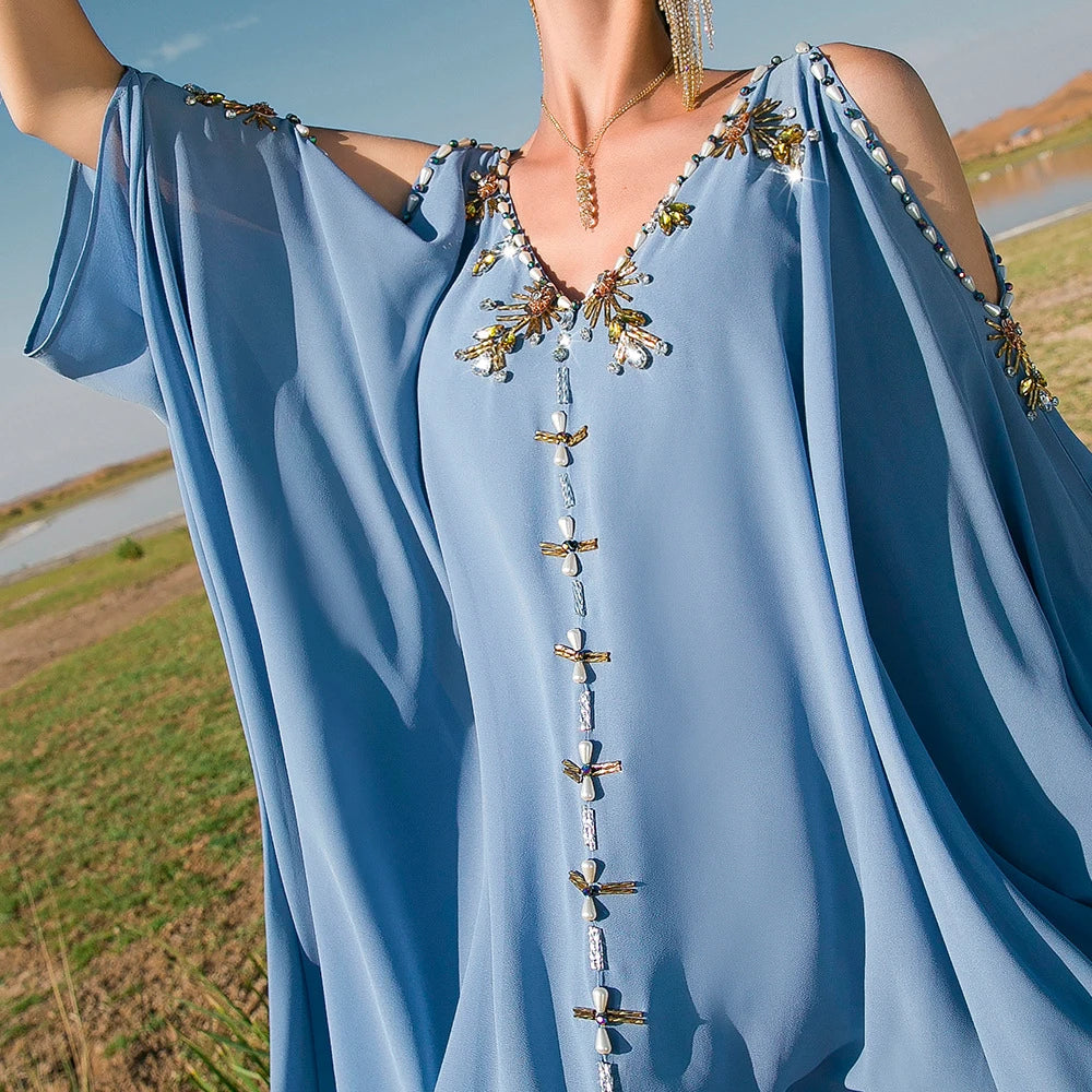 Diamond-Embellished Cold-Shoulder V-Neck Summer Kaftan Abaya – Luxury Evening Party & Eid Gown
