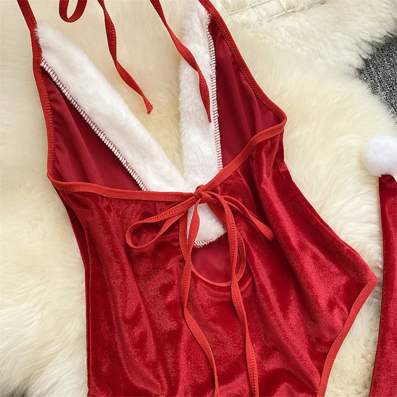 Women's Sexy Christmas Erotic Lingerie Set Furry Erotic Lingerie Set Bodysuit  Hat Sexy Underpants Velvet One-piece Bra Set