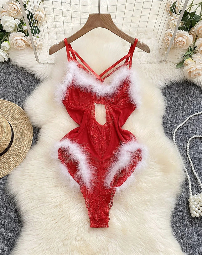 Women's Sexy Christmas Erotic Lingerie Furry With Steel Ring Lace Bodysuit Negligee Lingerie Секси Комплект Женского Белья