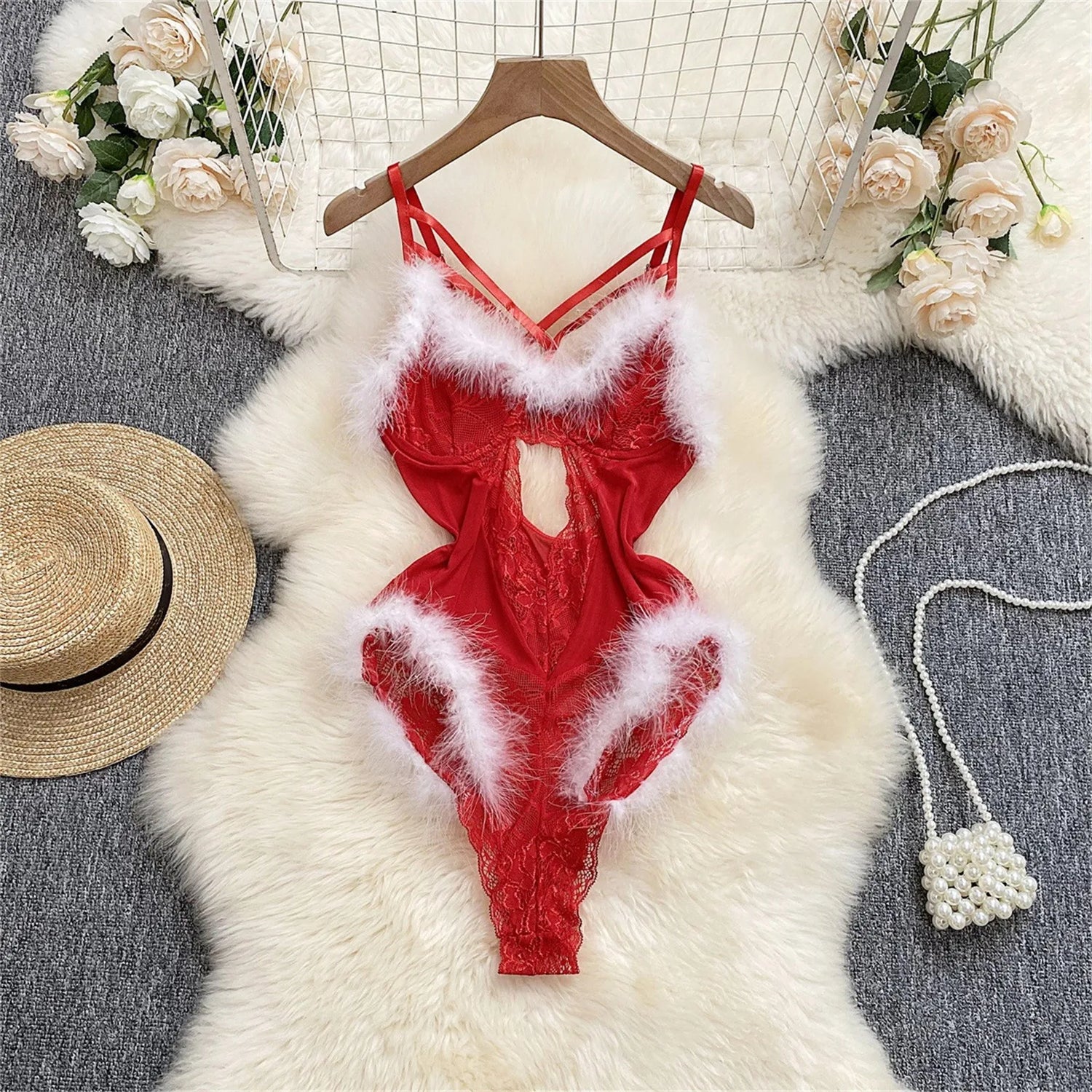 Women's Sexy Christmas Erotic Lingerie Furry With Steel Ring Lace Bodysuit Negligee Lingerie Секси Комплект Женского Белья