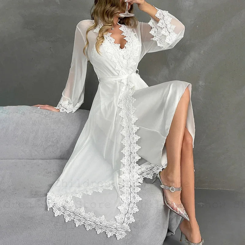 Sexy Sheer Mesh Robe Bride Wedding Robe Suit 2Pcs Lace Patchwork Night Dress Long Chemise Sleepwear Satin Lingerie Pajamas