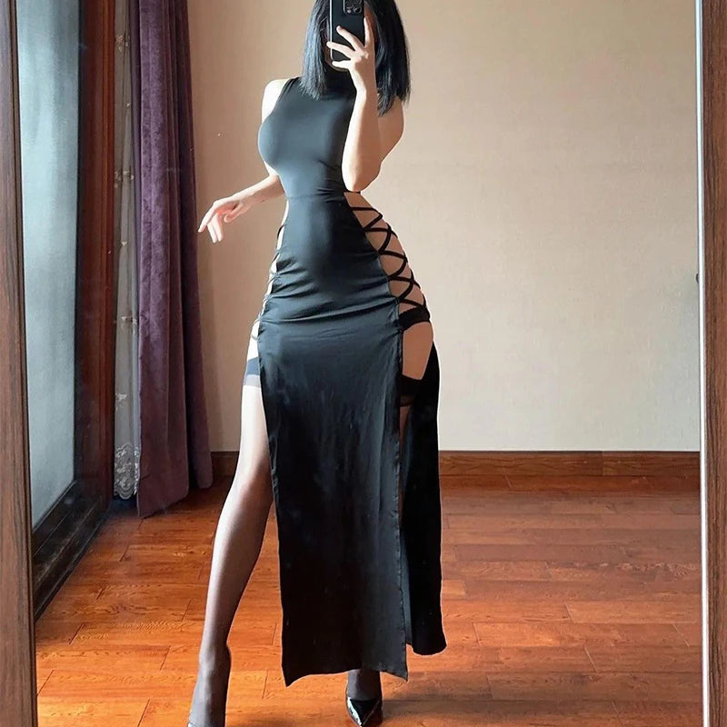 Women's Gothic Dress Summer New Sleveless Slim Sexy Black Wind Hanging Neck Tie Double Split Dress Female Y2K Clothing Dresses