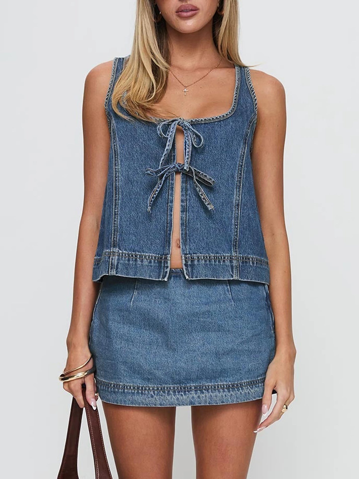 Stylish Women s Denim Co-ord Set with Sleeveless Tie-up Top and Mini Skirt - Perfect for Clubwear and Nights Out