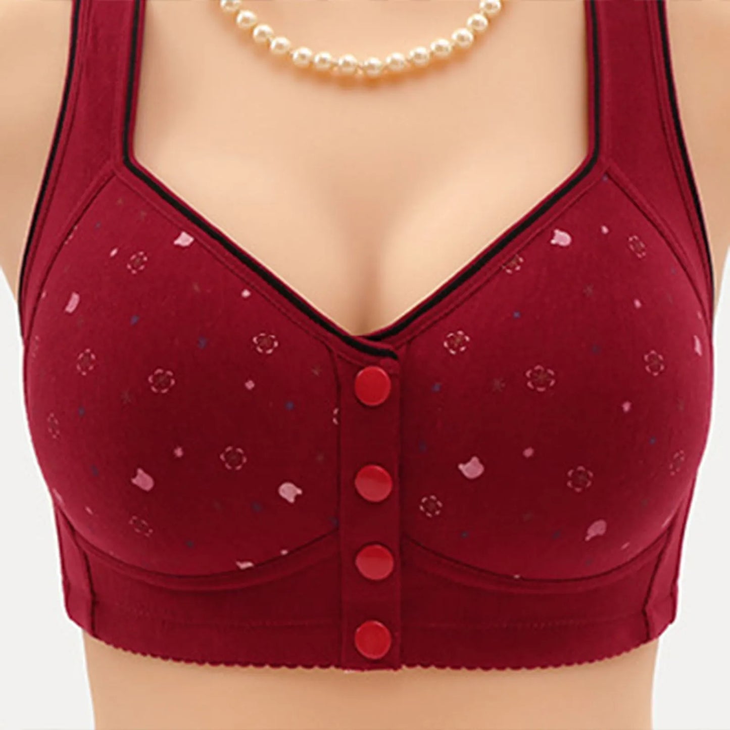 Front Button Retro Printed Bra Without Steel Ring Wide Shoulder Strap Middle-Aged Elderly Underwear Plus Size Women'S Vest Bras
