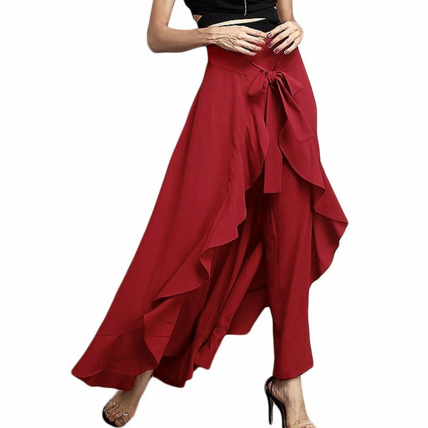 Women'S High Waist Chiffon Pants Wide Leg Pants Ruffle Trim Ice Silk Ankle-Length Long Trousers Summer Breeches Pantalones 바지