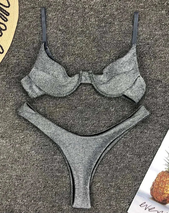 Sexy Silver Glitter Bikini 2022 Swimwear Women Push Up Cut Out Underwire Thong Swimsuit Summer Brazilian Bathing Suit Biquini