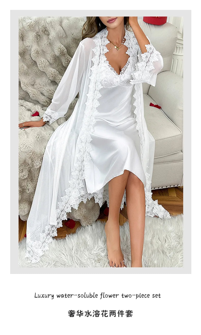 Sexy Sheer Mesh Robe Bride Wedding Robe Suit 2Pcs Lace Patchwork Night Dress Long Chemise Sleepwear Satin Lingerie Pajamas
