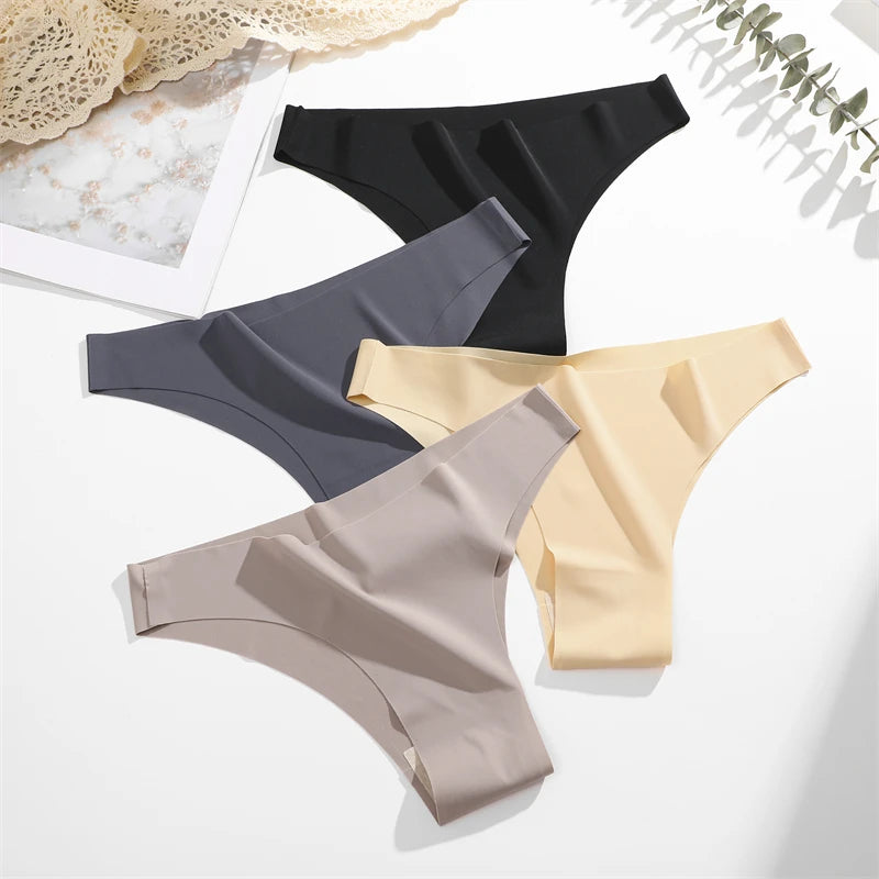 FINETOO 3Pcs Ultra-thin Seamless Silk Underwear Women's Panties Sexy Low-Waist Stretch Bikini Solid Color Briefs Lingerie XS-XXL