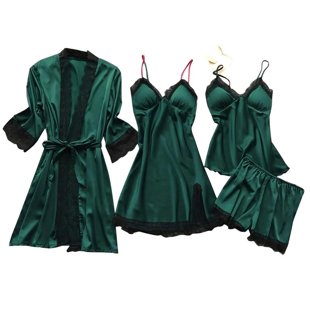 Women’s 4-Piece Satin & Lace Nightwear Set – Camisole, Shorts, Nightdress & Robe