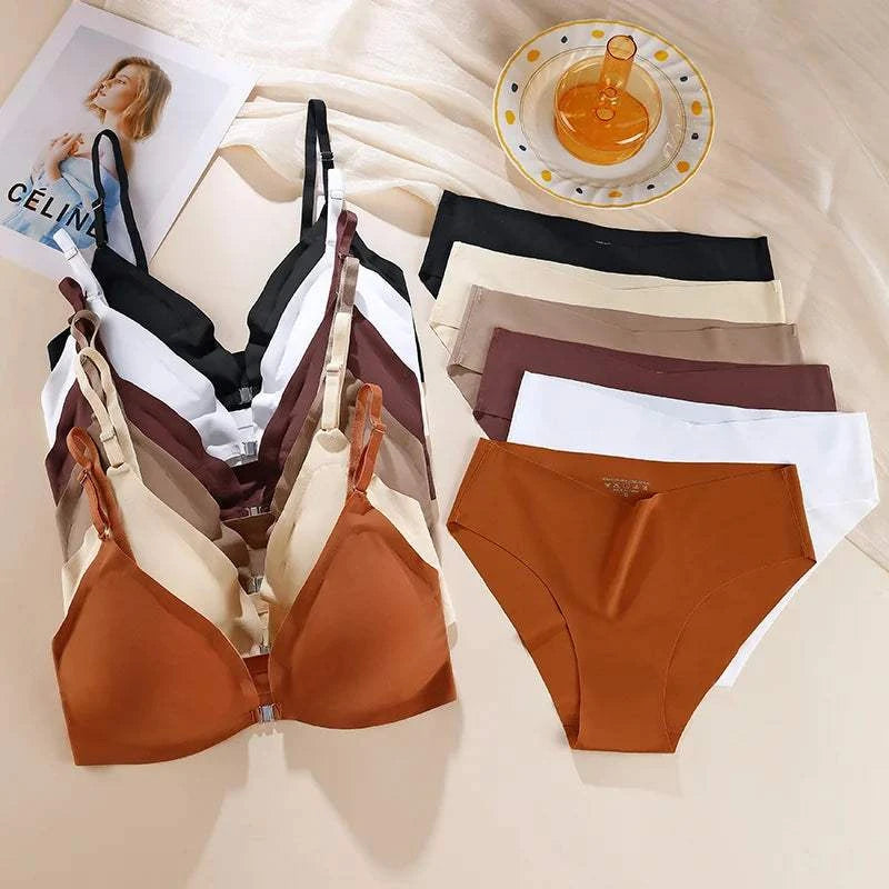Ice Silk Underwear Set Solid Color Seamless Bra Wireless Front Buckle Push Up Bra Comfortable Panties Sexy Underwear Set