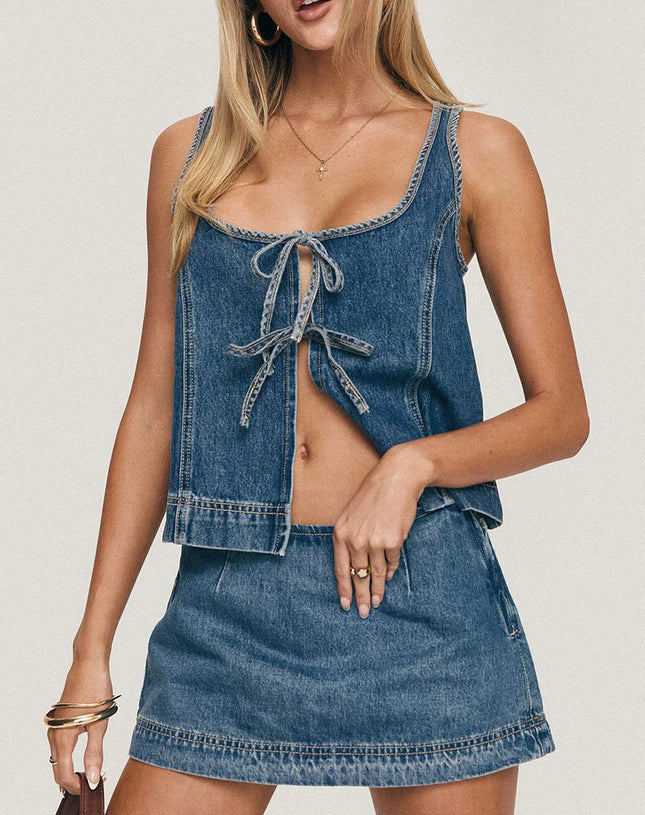 Stylish Women s Denim Co-ord Set with Sleeveless Tie-up Top and Mini Skirt - Perfect for Clubwear and Nights Out