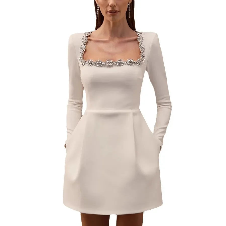 Elegant Short Velvet Dress with Diamond Embellishment Square Collar Independent Station Cross-border Spring Women's Fashion