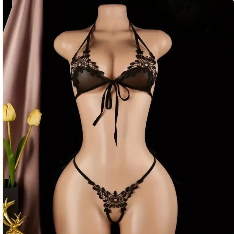 Tie-Front Lace Non-Padded Bra & Panty Set – Sexy Summer BDSM Lingerie (S–2XL)
